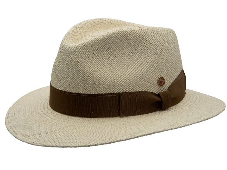 Luxusní panamský klobouk Fedora s hnědou stuhou - ručně pletený, UV faktor 80 - Ekvádorská panama - Mayser Mathis