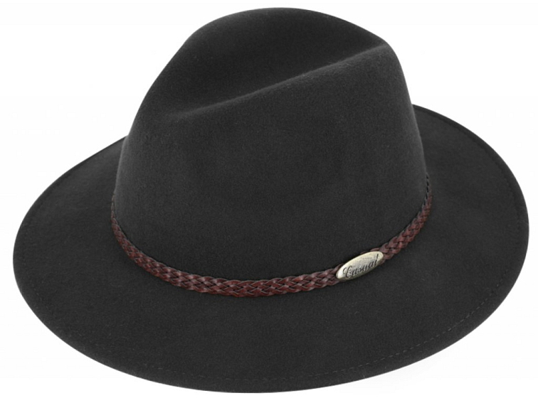 Černý klobouk fedora plstěný - černý s koženým pleteným páskem - Fiebig