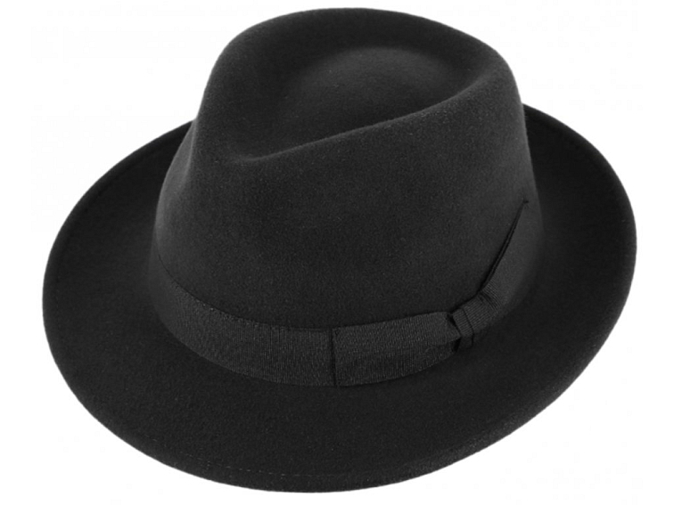 Klasický trilby klobouk vlněný se střední krempou Bogart - černý s černou stuhou