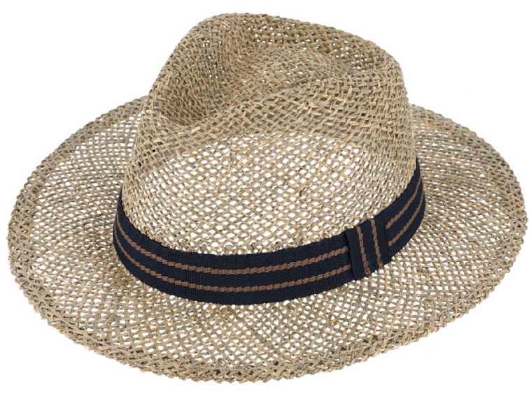 Slaměný klobouk z mořské trávy s dvoubarevnou modrou stuhou - Fedora
