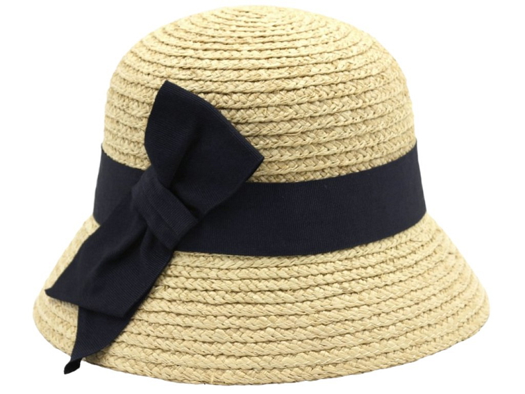 Dámský slaměný klobouk Cloche s modrou mašlí