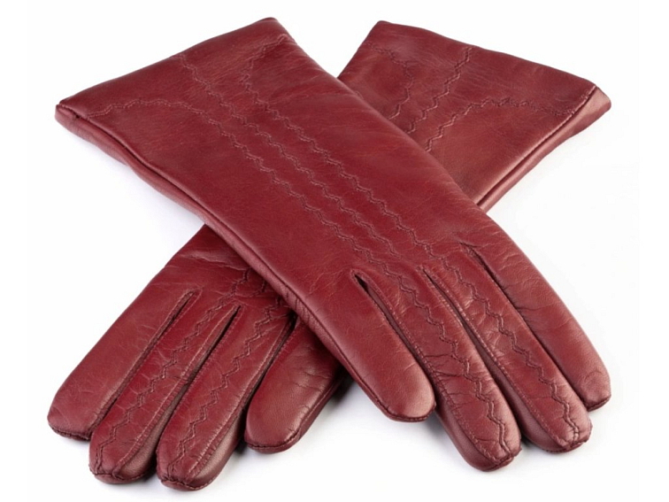 Dámské vínové kožené rukavice s jemnou výšivkou