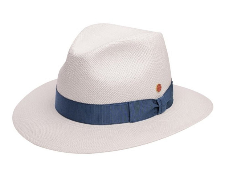 Luxusní panamský klobouk Fedora bělený s modrou stuhou - Mayser Menton - UV faktor 80