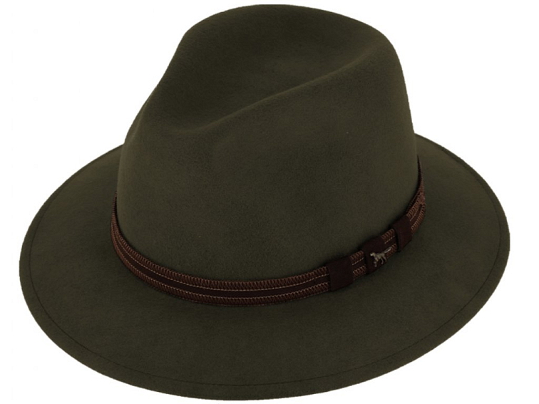 Zimní myslivecký klobouk od Fiebig - olivový s koženou stuhou a ozdobou ve tvaru loveckého psa