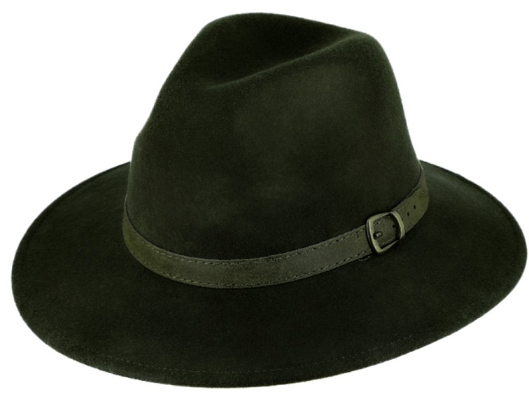 Cestovní zelený nepromokavý, nemačkavý klobouk vlněný od Fiebig - Indiana Jones