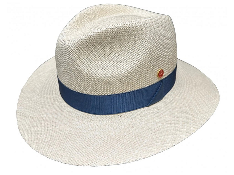 Luxusní panamský klobouk Fedora s modrou stuhou - ručně pletený, UV faktor 80 - Ekvádorská panama - Mayser Gedeon