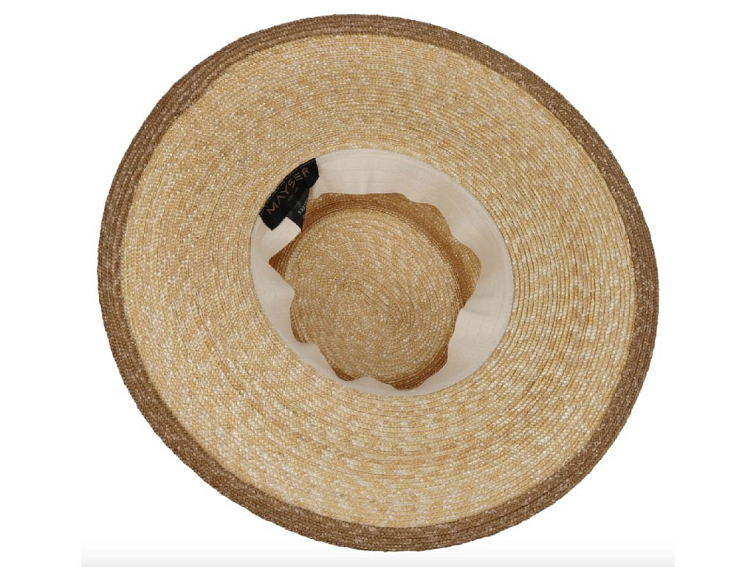 Slaměný klobouk béžový s hnědou stuhou - Pork-pie Jil s širší asymetrickou krempou - Mayser - UV faktor 80