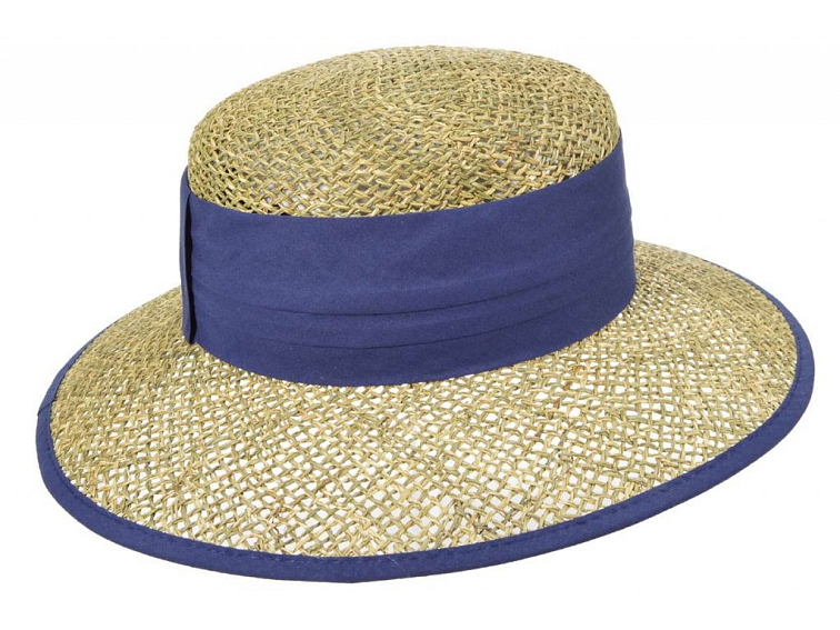 Dámský béžový letní slaměný (mořská tráva) klobouk s modrou stuhou - Seeberger since 1890