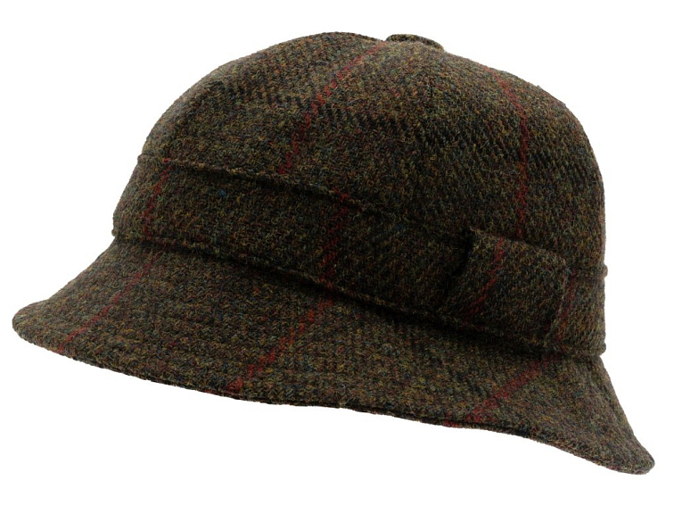 Zimní vlněný anglický myslivecký klobouk - Harris Tweed Overcheck Green - Hunter Hat