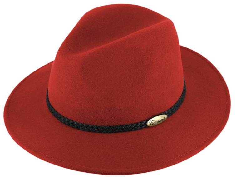 Červený klobouk fedora plstěný - červený s koženým pleteným páskem - Fiebig