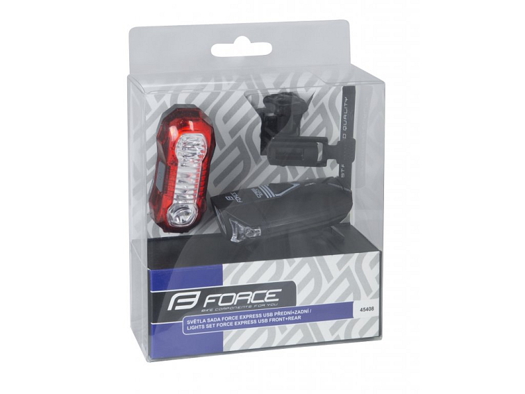 FORCE EXPRESS USB svetlá na bicykel, sada predné + zadné