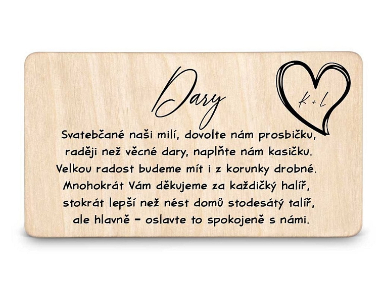 Dřevěná kartička DARY - SRDCE