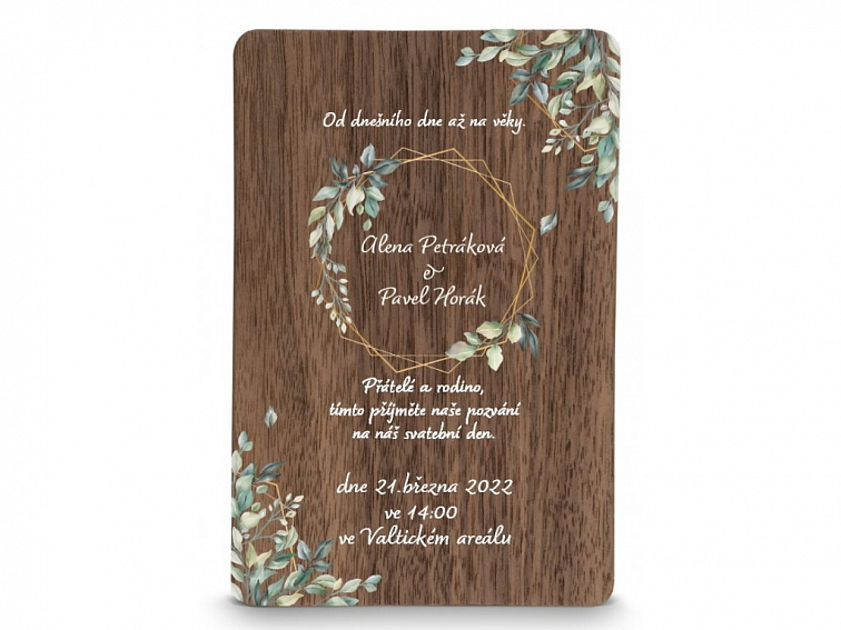 Dřevěné svatební oznámení ŠESTIHRAN LISTY
