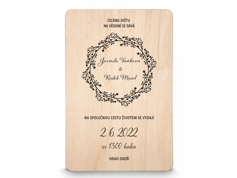 Dřevěné svatební oznámení BOHO
