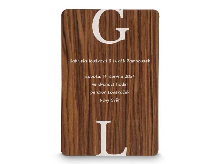 Dřevěné svatební oznámení PÍSMENA
