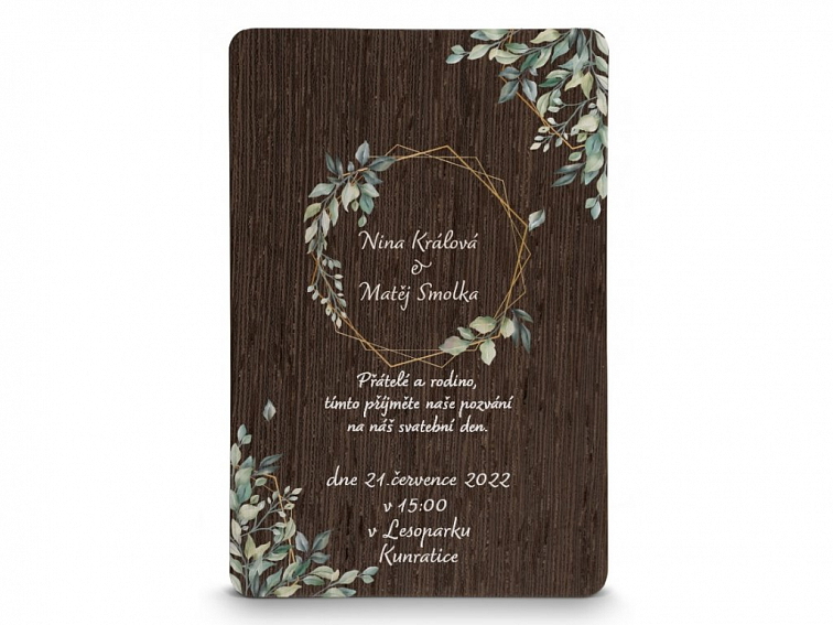 Dřevěné svatební oznámení ŠESTIHRAN LISTY