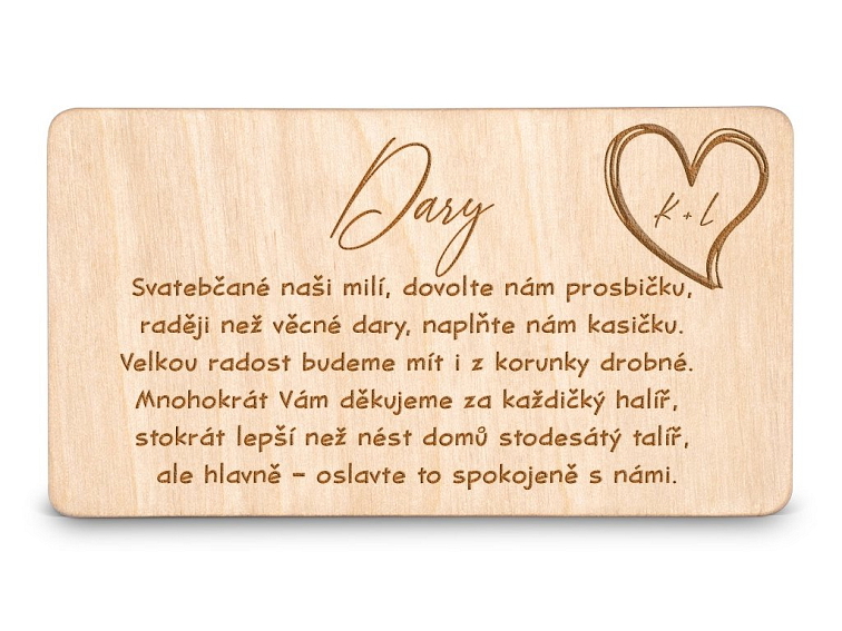 Dřevěná kartička DARY - SRDCE