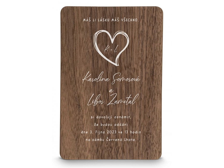 Dřevěné svatební oznámení SRDCE