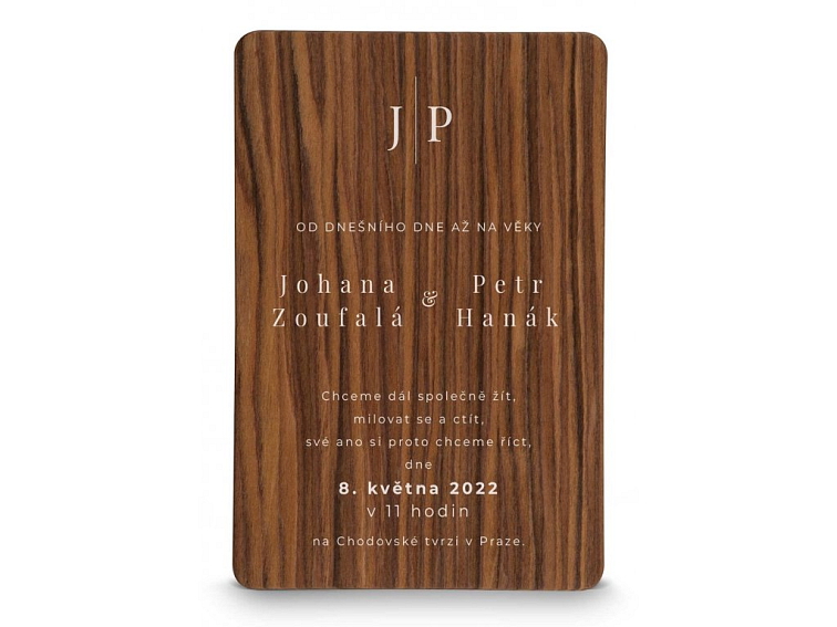 Dřevěné svatební oznámení JMÉNO
