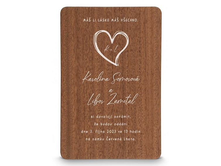 Dřevěné svatební oznámení SRDCE