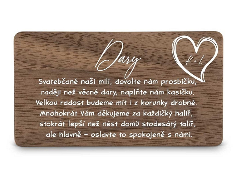Dřevěná kartička DARY - SRDCE