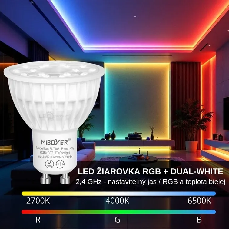 LED žárovka GU10 4W stmívatelná RGB + DUAL-WHITE