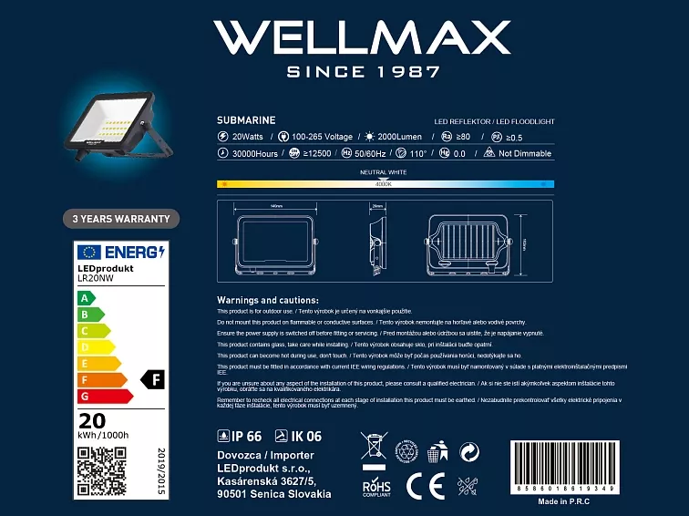 LED Reflektor Wellmax 20W Samsung LED - Neutrální bílá