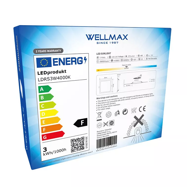 LED panel Wellmax 3W čtverec - Neutrální bílá
