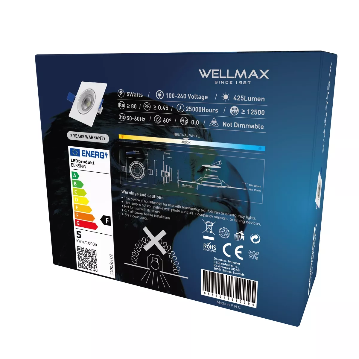 LED podhledové svítidlo čtverec Wellmax 5W Samsung LED - Neutrální bílá