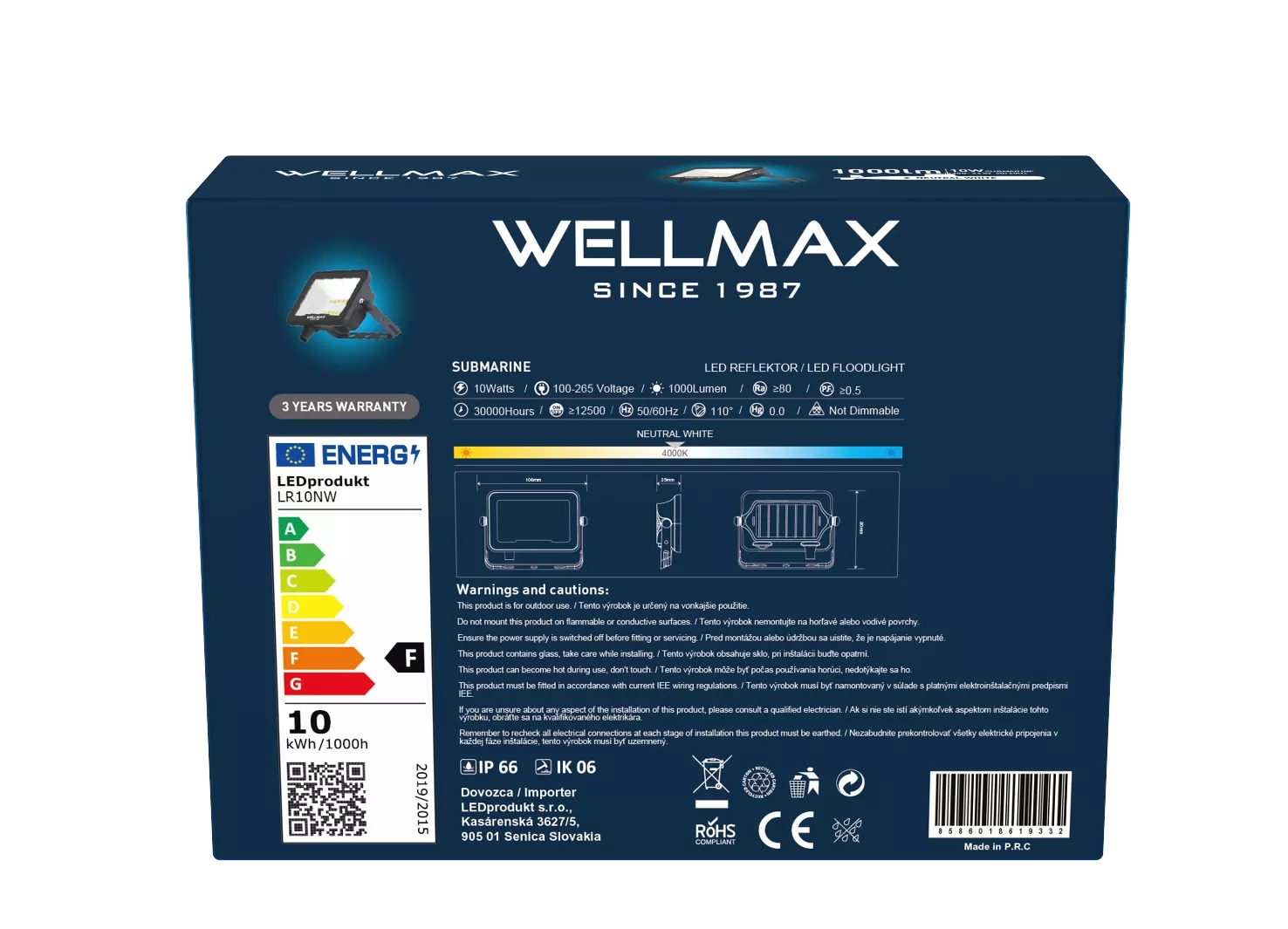 LED Reflektor Wellmax 10W Samsung LED - Neutrální bílá