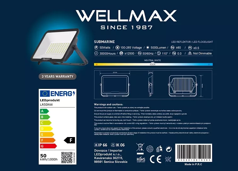 LED Reflektor Wellmax 50W Samsung LED - Neutrální bílá