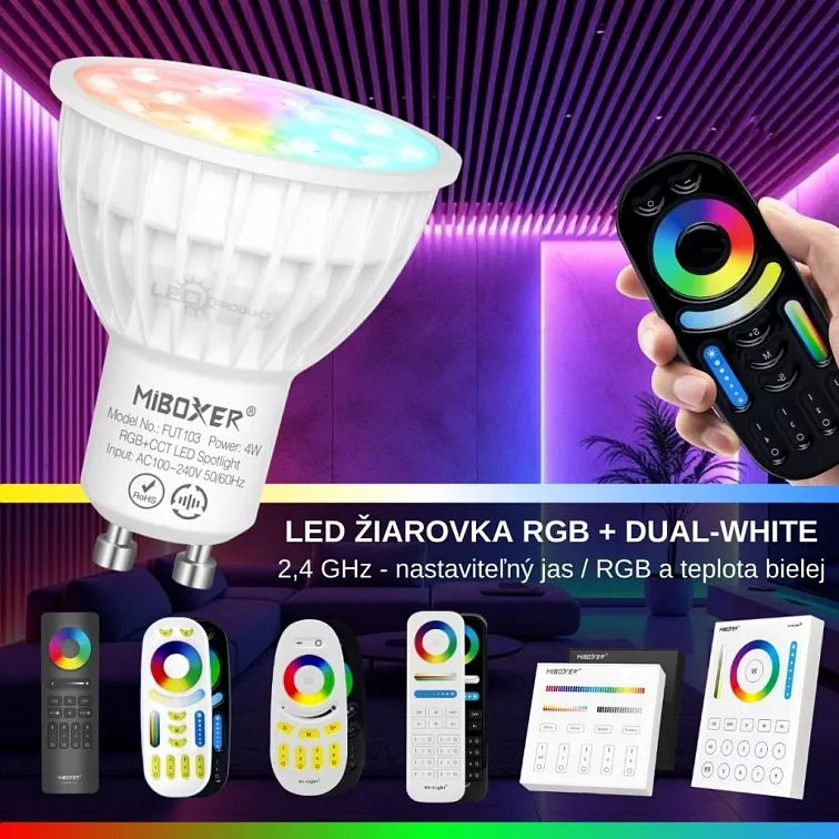 LED žárovka GU10 4W stmívatelná RGB + DUAL-WHITE