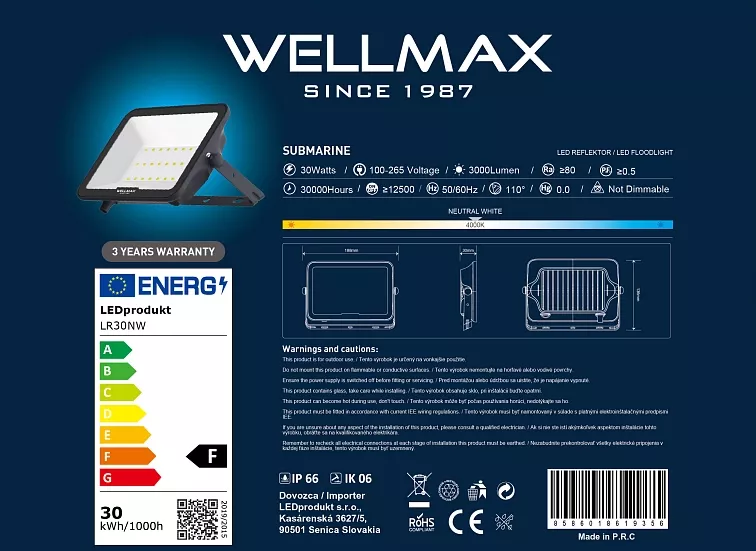 LED Reflektor Wellmax 30W Samsung LED - Neutrální bílá