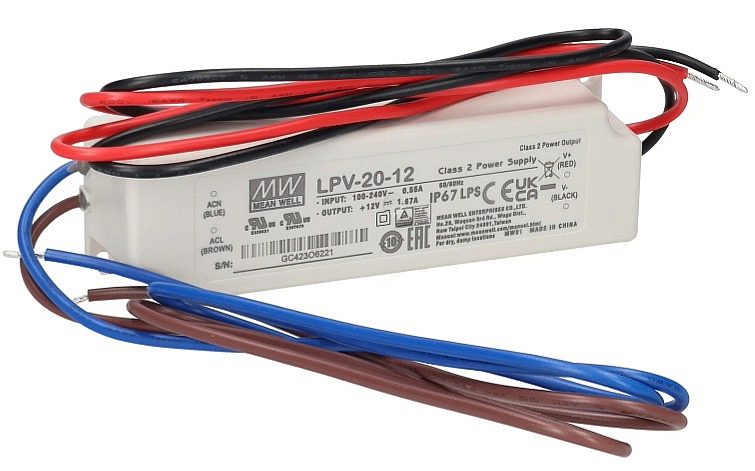 LED napájecí zdroj 20W, 12V, IP67 - Voděodolný MEAN-WELL
