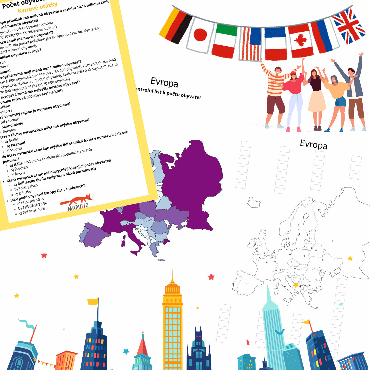 Slepá politická mapa Evropy - hlavní města, vlajky k vybarvení, počet obyvatel Evropy