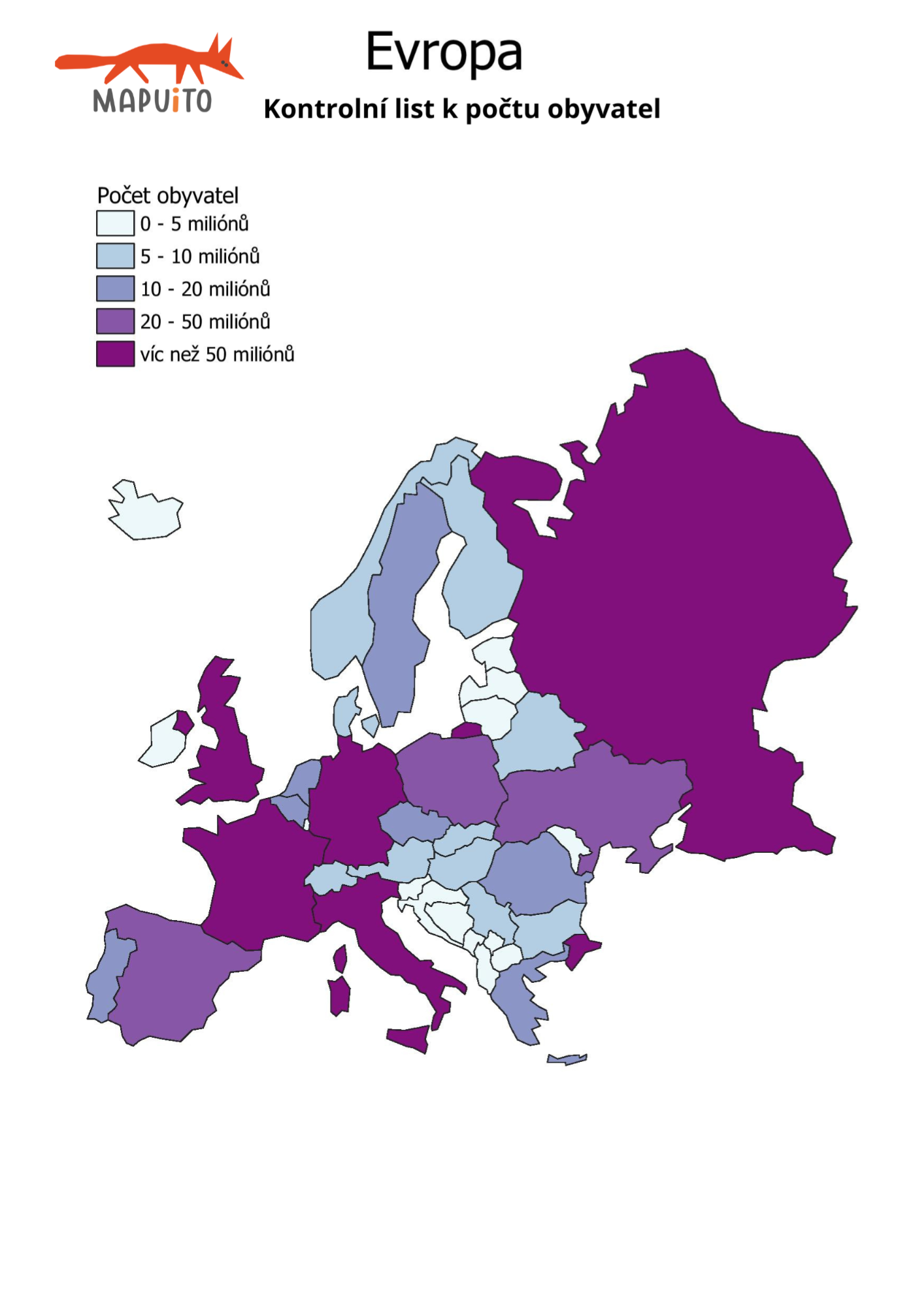 Slepá politická mapa Evropy - hlavní města, vlajky k vybarvení, počet obyvatel Evropy