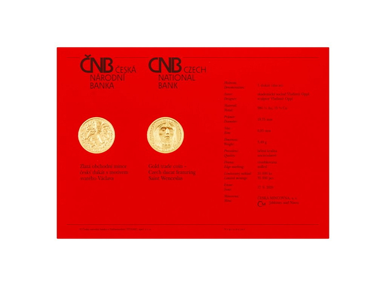 Zlatá mince český dukát ČNB s motivem sv. Václava