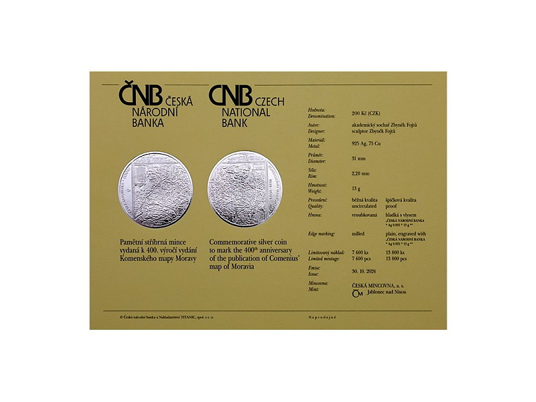 Stříbrná mince 200 Kč Vydání Komenského mapy Moravy 400. výročí 2024 BK