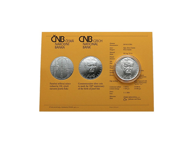 Stříbrná mince 200 Kč Josef Suk BK