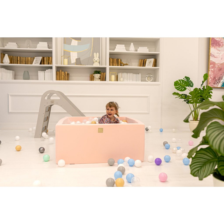 MeowBaby® Cotton detský suchý bazén s guličkami 110x110x40cm + 400 guličiek – ružová, guličky: biela/bledoružová/transparentná