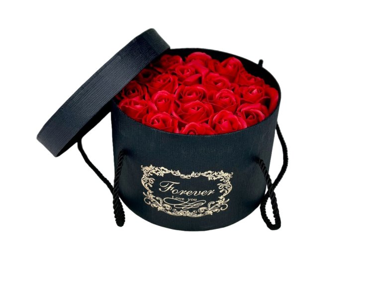 Medvídárek box z mýdlových růží červený