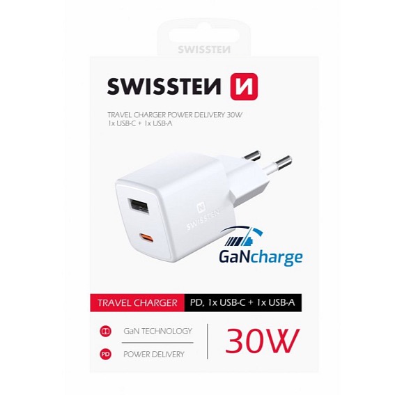SWISSTEN Mini síťový adaptér GaN 1x USB-C + 1x USB-A 30W Power Delivery