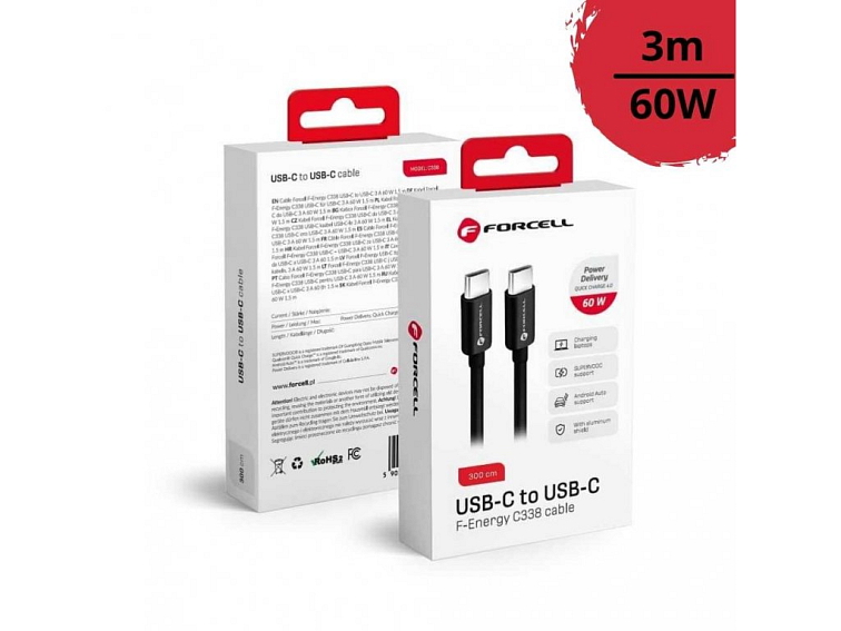 Forcell Nabíjecí kabel 60W USB-C/USB-C PD+QC 4.0 3m černý (C338)
