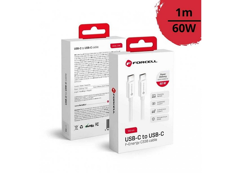 Forcell Nabíjecí kabel 60W USB-C/USB-C PD+QC 4.0 1m bílý (C338)