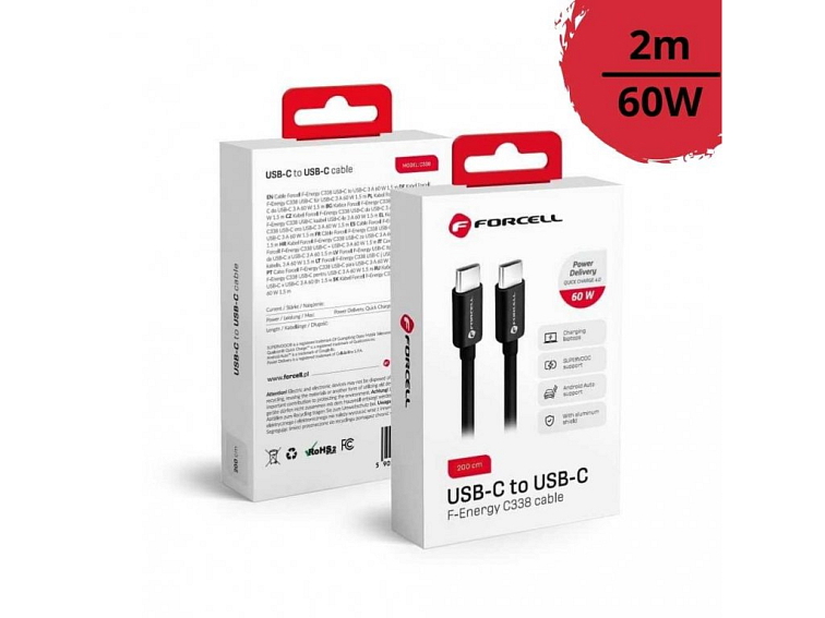 Forcell Nabíjecí kabel 60W USB-C/USB-C PD+QC 4.0 2m černý (C338)