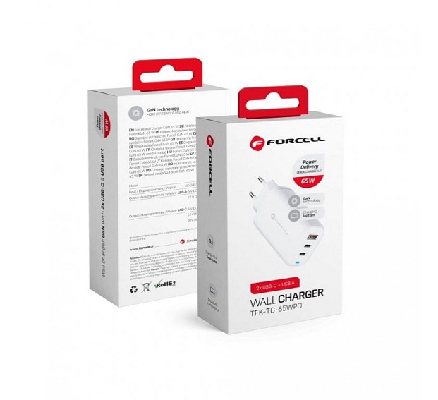 Forcell Nabíjecí adaptér GaN PD+QC 4.0 65W 2x USB-C + 1x USB-A bílý