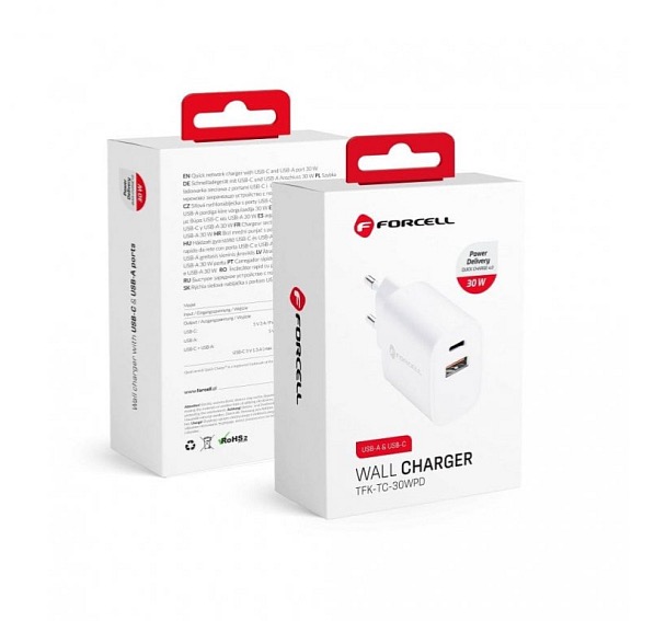 Forcell Nabíjecí adaptér PD+QC 4.0 30W 1x USB-C + 1x USB-A bílý
