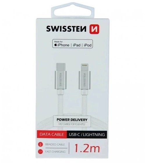 SWISSTEN Datový kabel textile USB-C / Lightning MFi 1,2 m stříbrný