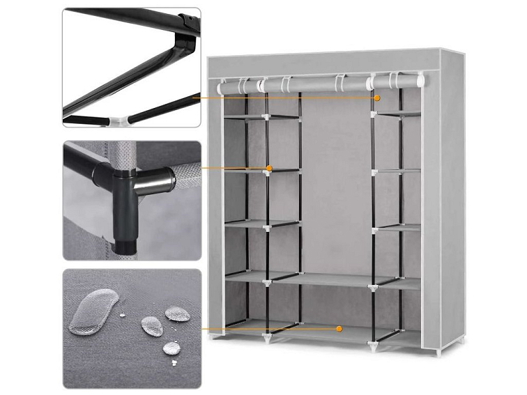 Velká textilní šatní skříň na oblečení 170x135x45 cm šedá