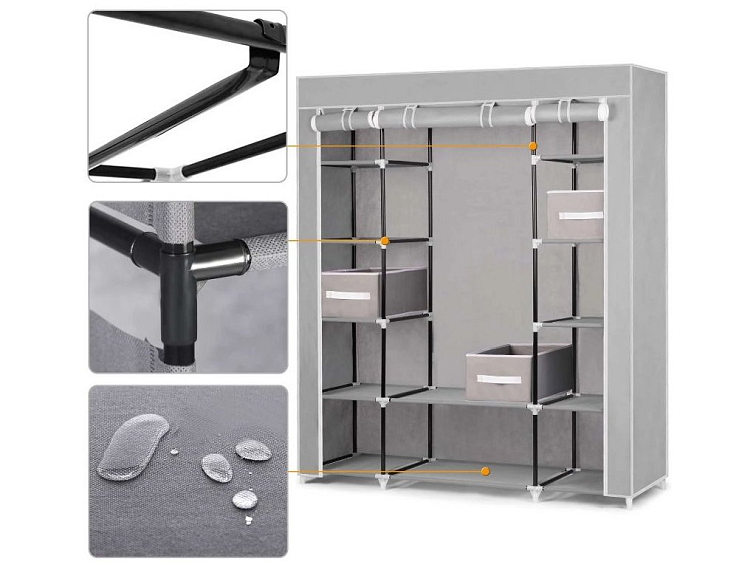 Velká textilní šatní skříň na oblečení se šuplíky 170x135x45 cm šedá